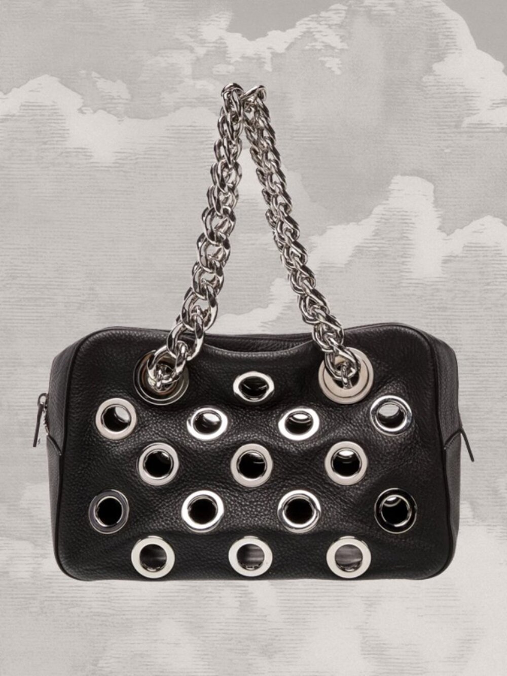 PRADA Grommet Bag Nero Vitello Daino Leather Shoulder Black Silver Pouch